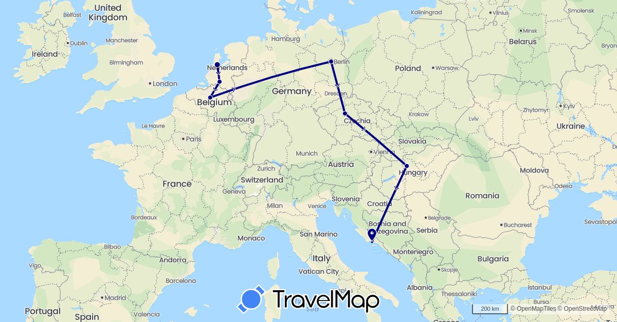 TravelMap itinerary: driving in Belgium, Czech Republic, Germany, Croatia, Hungary, Netherlands (Europe)
